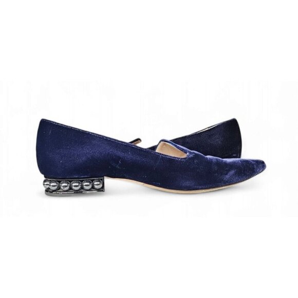 Nicholas Kirkwood velvet blue pointed toe faux pearls flats shoes EU39 US8.5 - Picture 3 of 11